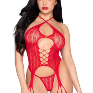 2pc Heart Net Halter Cami and G-String Panty - Os - Red