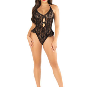 Black Floral Lace Halter Bodysuit with Mini Bow - and Flutter Accent - Os