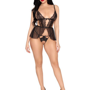 2 Pc Scalloped Lace and Mesh Babydoll and Matching Crotchless Panty - Medium - Black
