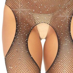 Casey Rhinestone Fishnet Suspender Pantyhose - One Size - Black