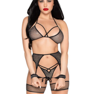 4pc All Tied Up Shimmer Bra and Panty Set - Os - Black/silver
