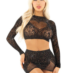 Black 2pc Rhinestone Lace and Net Crop Top with - Heart Keyhole Mini Skirt - Os